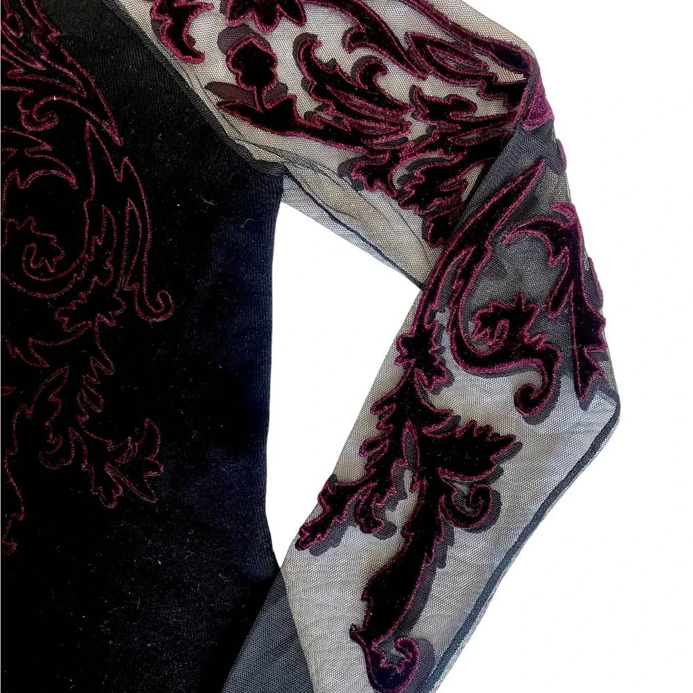 INC Flocked Velvet Illusion Black & Wine Choker Mesh Sweater Top Medium - Picture 8 of 11